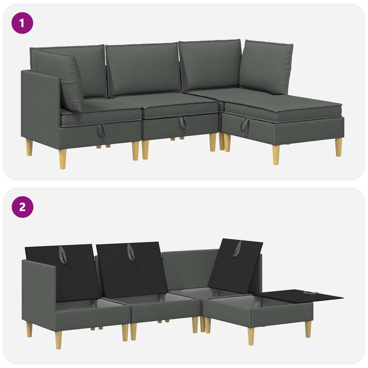 Grey Fabric Modular Sofa Set with Hidden Storage