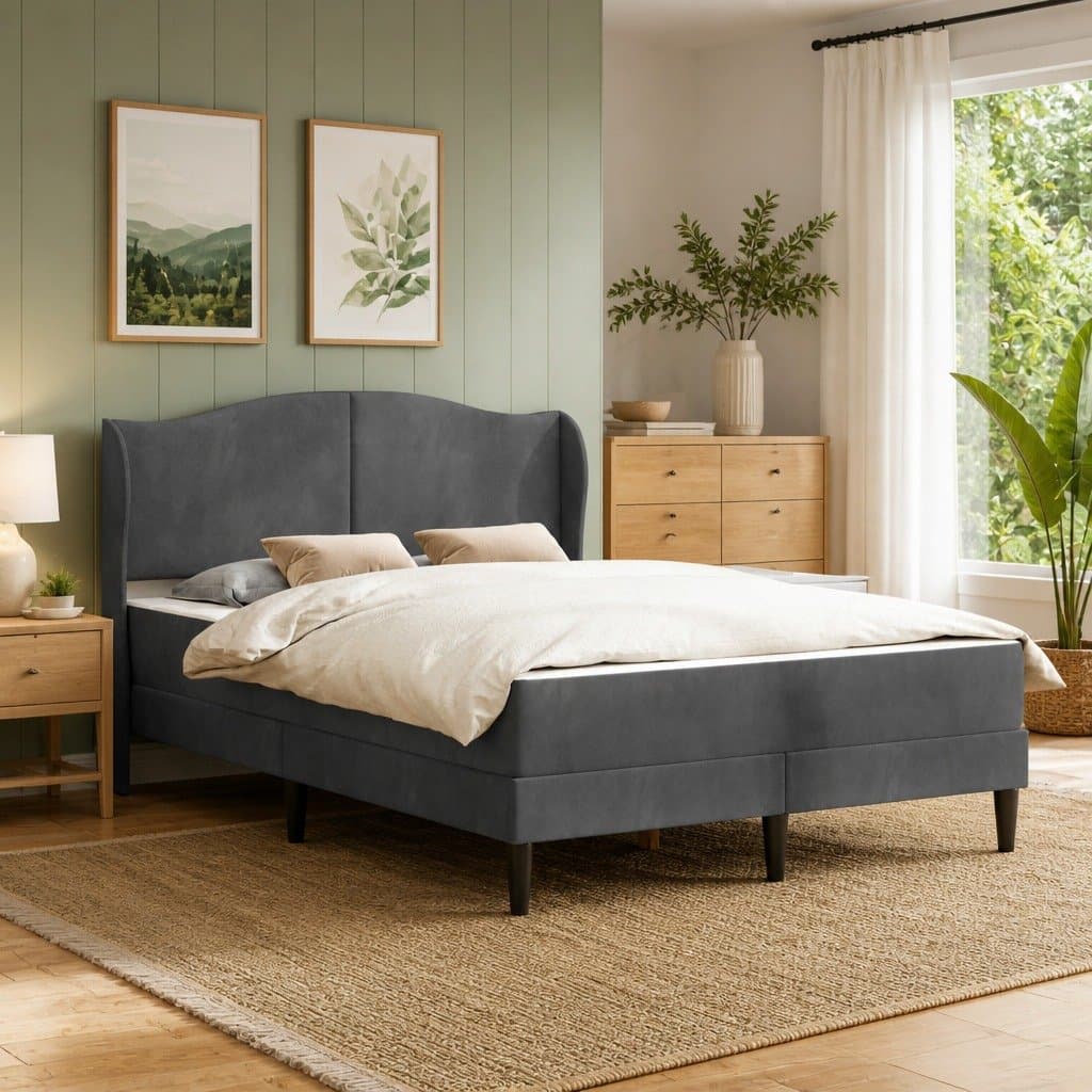 Dark Grey Bed Frame with Headboard 137 x 190 cm