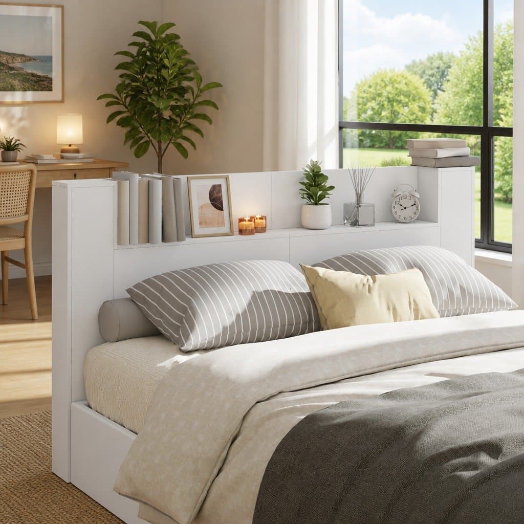 White Storage Headboard with RGB LED Lights