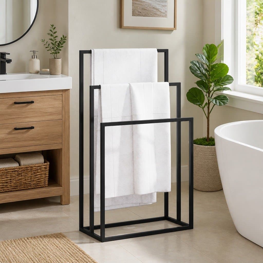 Freestanding Towel Rack 3 Tier Black Iron Bathroom Storage Holder Organiser