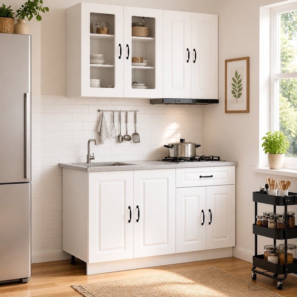 4 Piece White Kitchen Cabinet Unit with Adjustable Feet