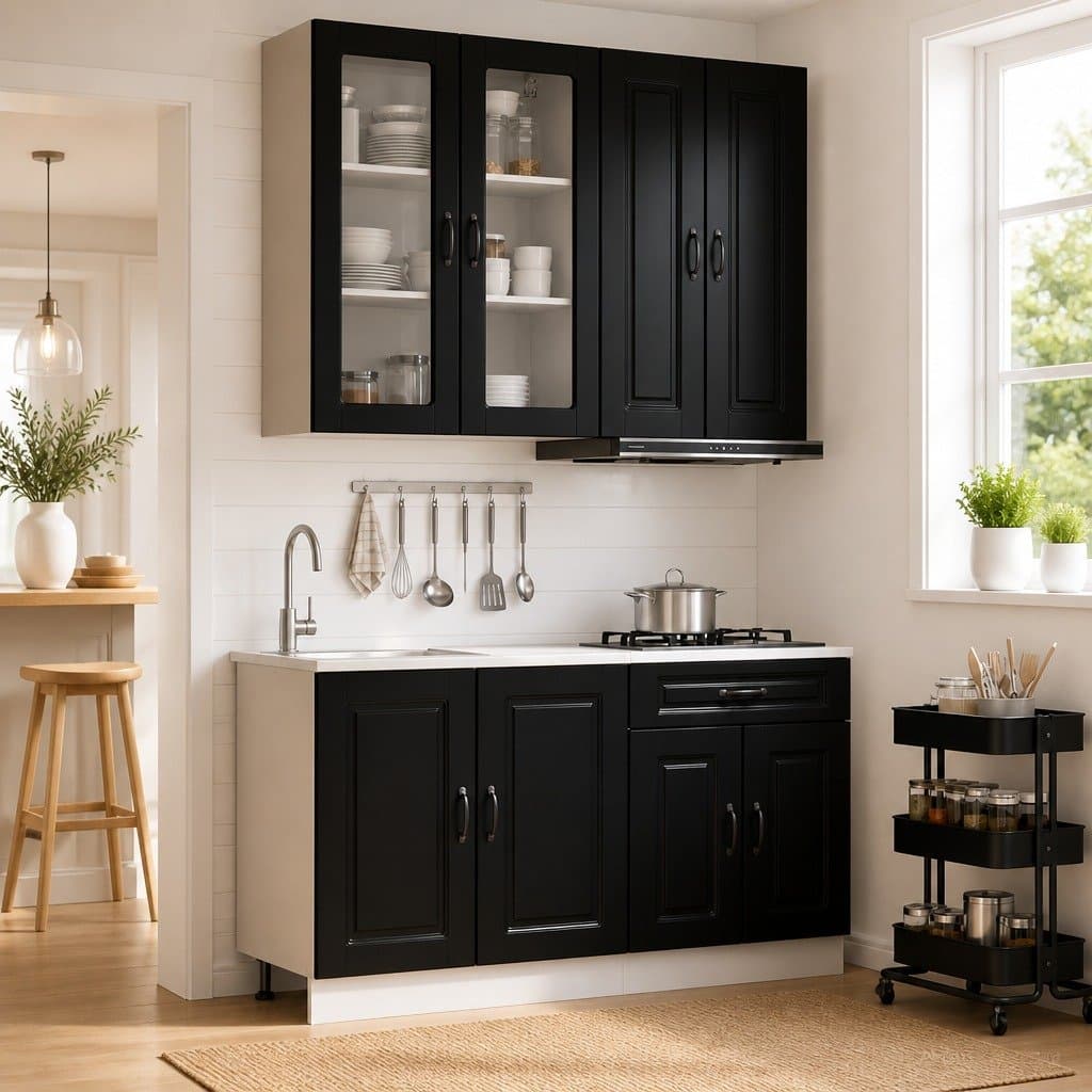 4-Piece Black Engineered Wood Kitchen Cabinet Unit