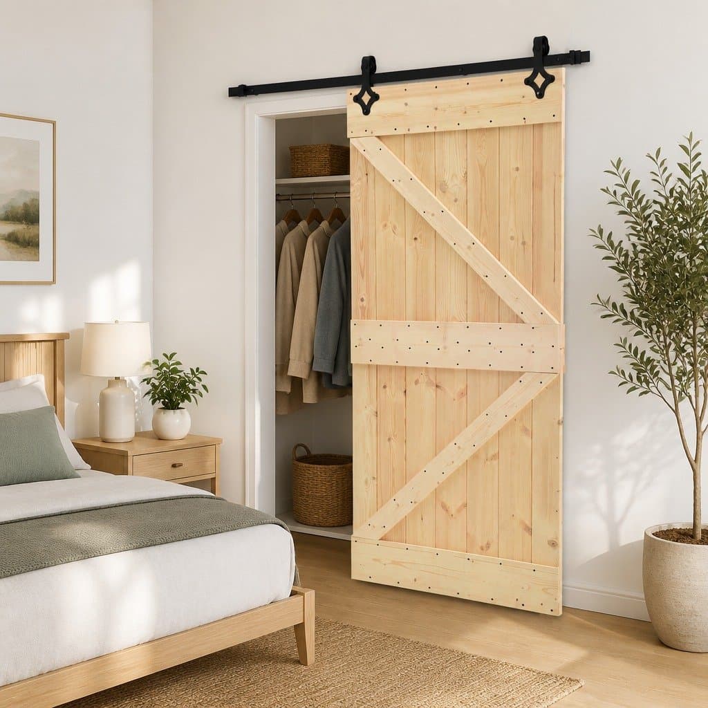Solid Pine Wood Sliding Door with Steel Track 80x210cm