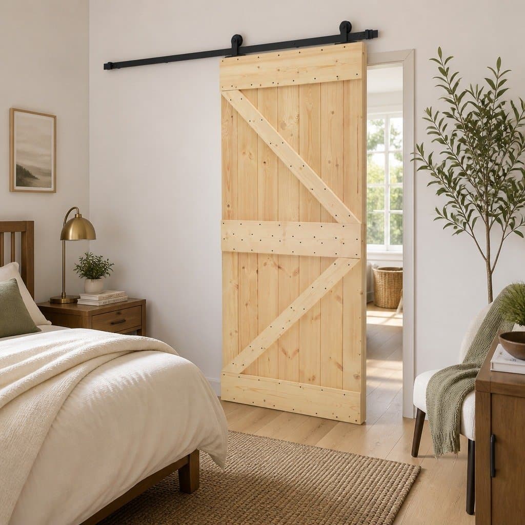 Room Divider with Sliding Door in Solid Pine Wood