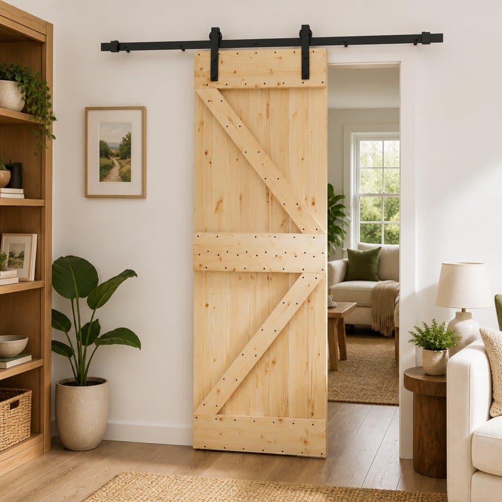 Solid Pine Sliding Door in Natural Brown and Black