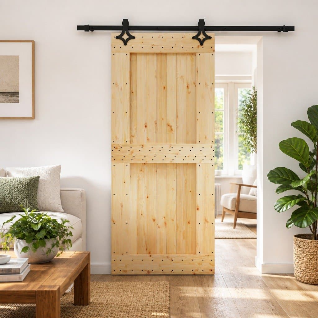 Sliding Door Solid Pine Wood Natural Brown 90 x 210 cm Modern Interior Room