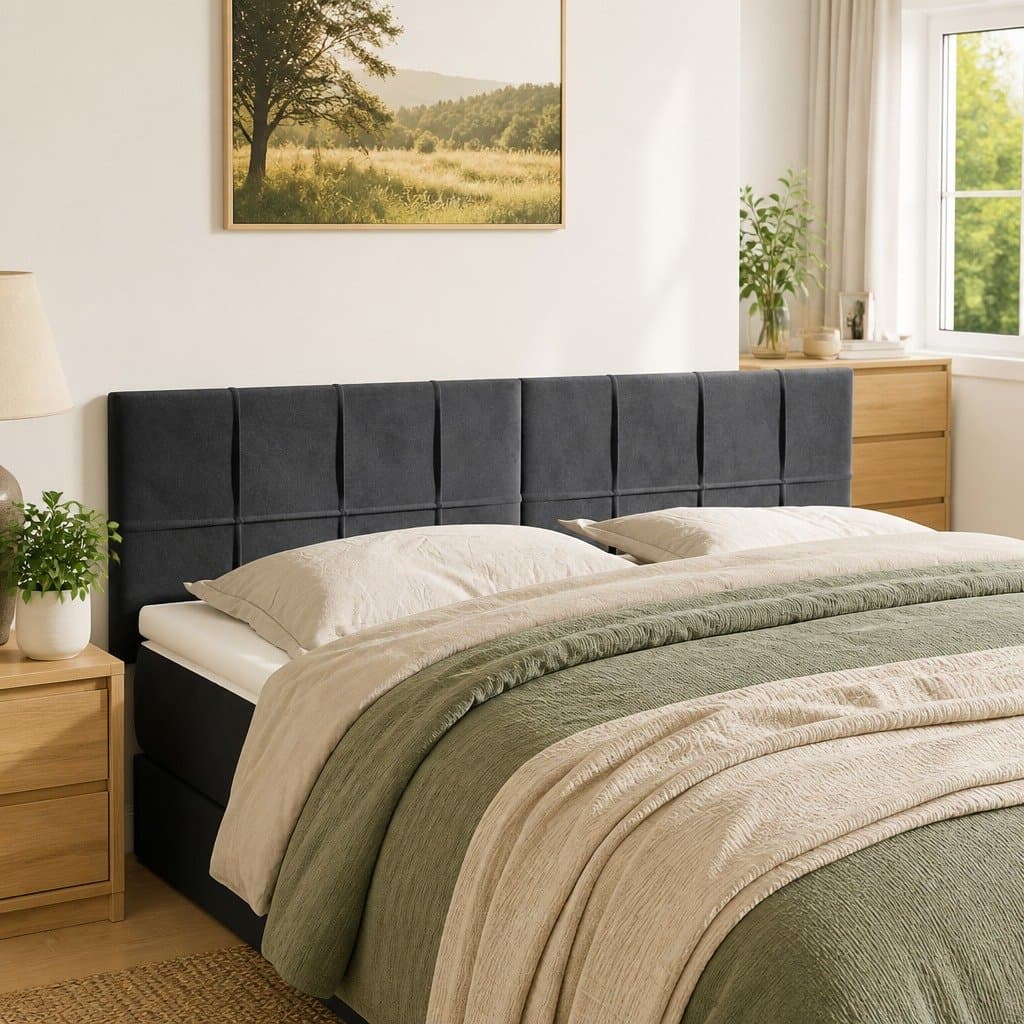 Grey Velvet Headboard with Wooden Legs