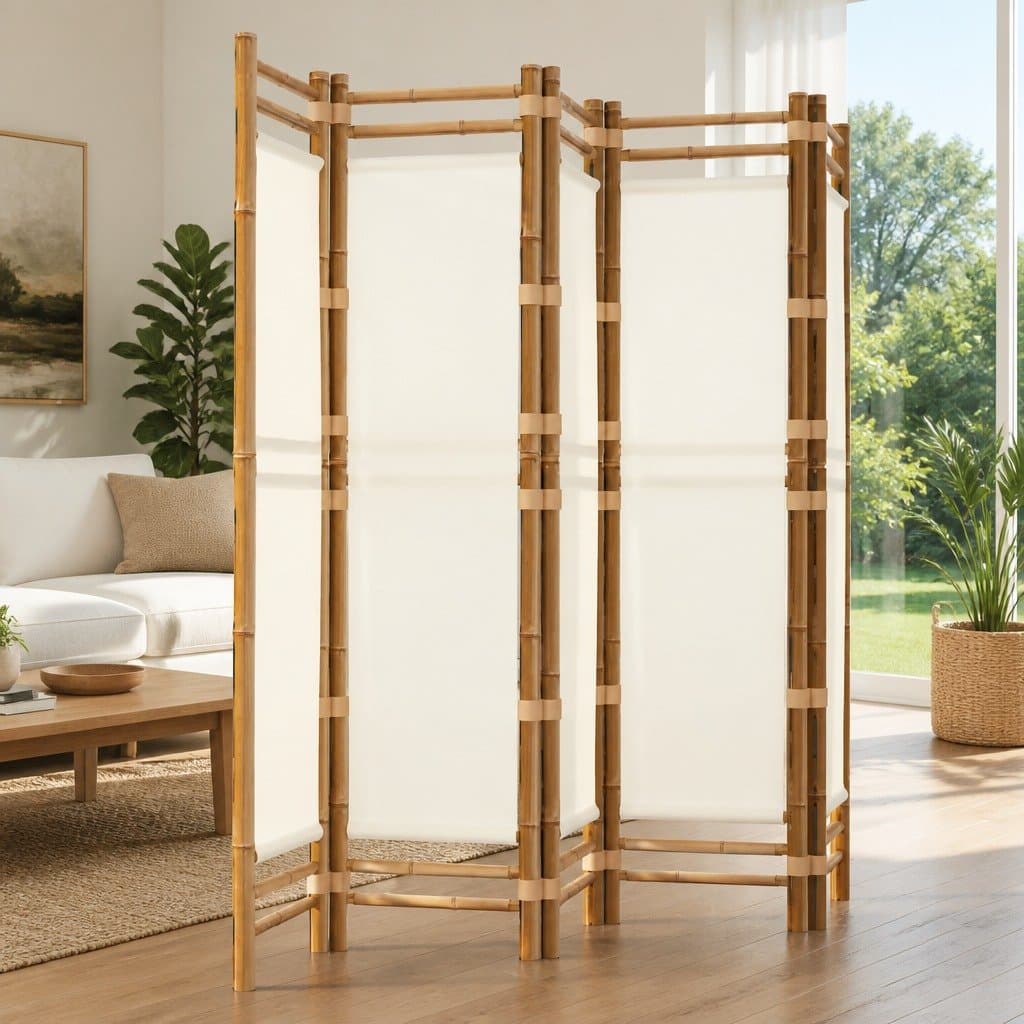 Bamboo Canvas 5-Panel Folding Room Divider Cream 200cm