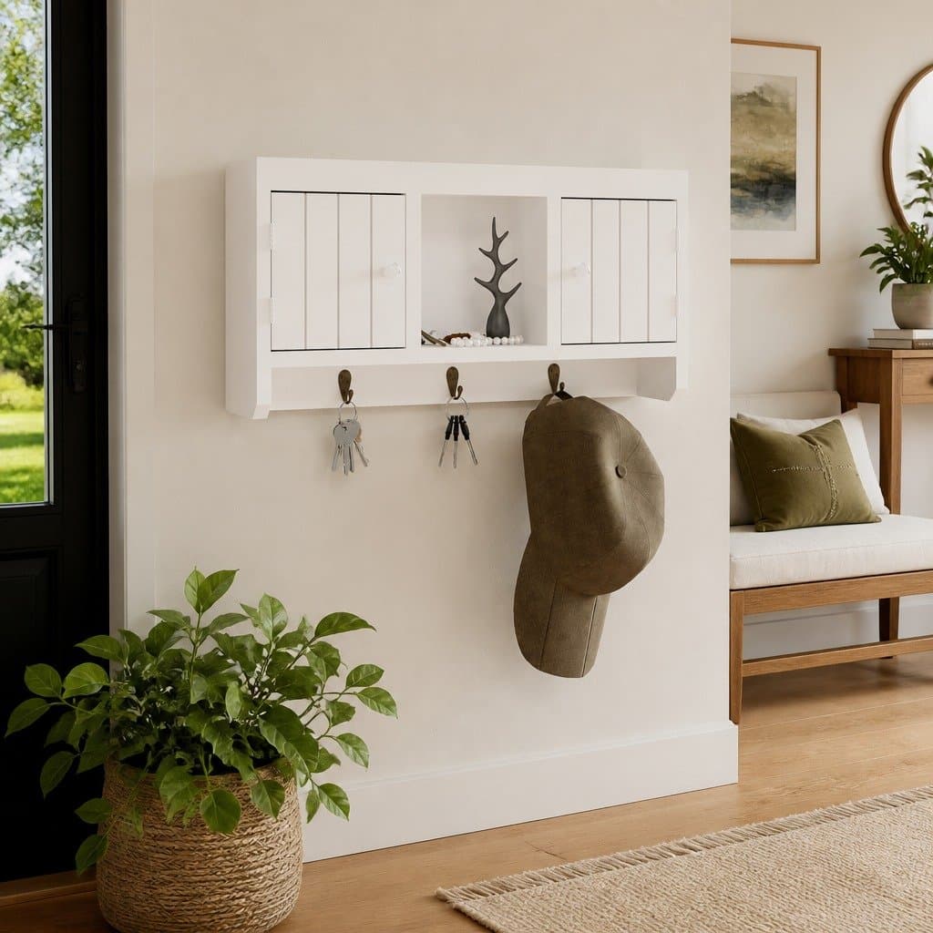 White Wall-Mounted Key Cabinet with Compartments and Hooks