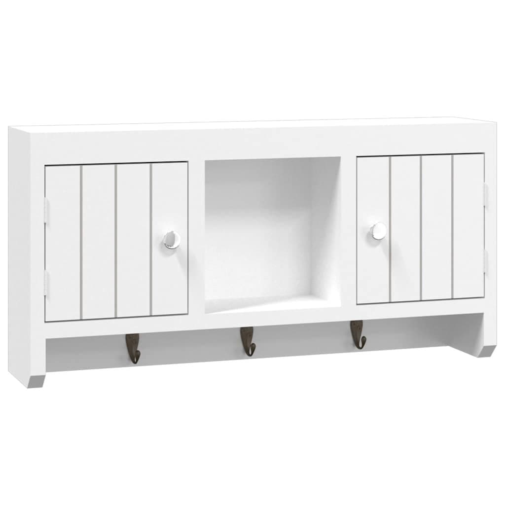 White Wall-Mounted Key Cabinet with Compartments and Hooks