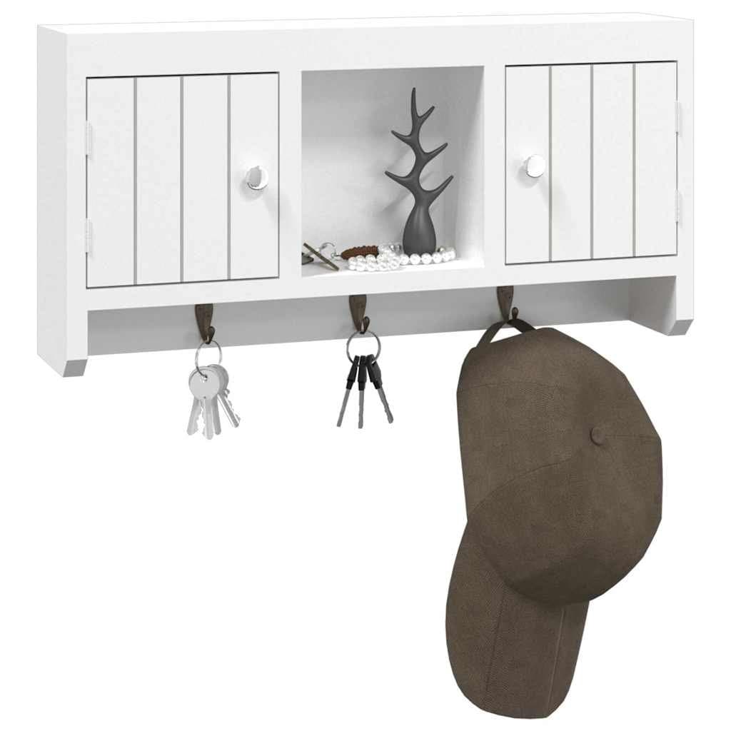 White Wall-Mounted Key Cabinet with Compartments and Hooks