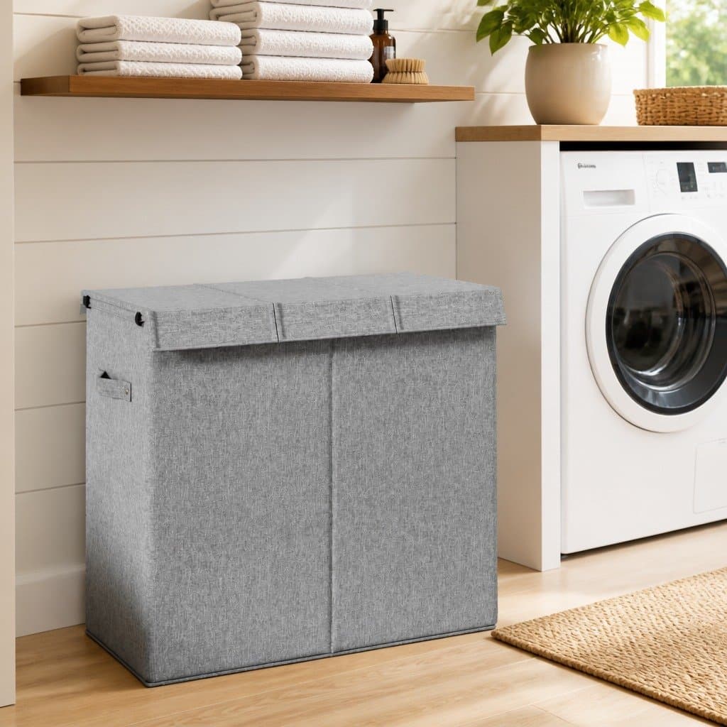 Grey Foldable Laundry Hamper with 3 Sections