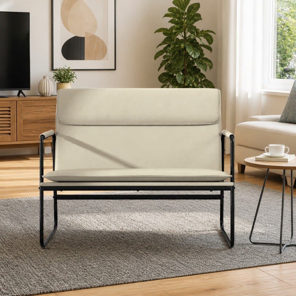 Cream Faux Leather Bench with Sturdy Metal Frame