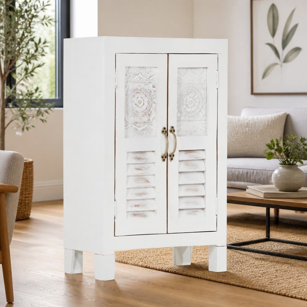 Acacia Wood Sideboard Storage Cabinet in White 55x30x90cm