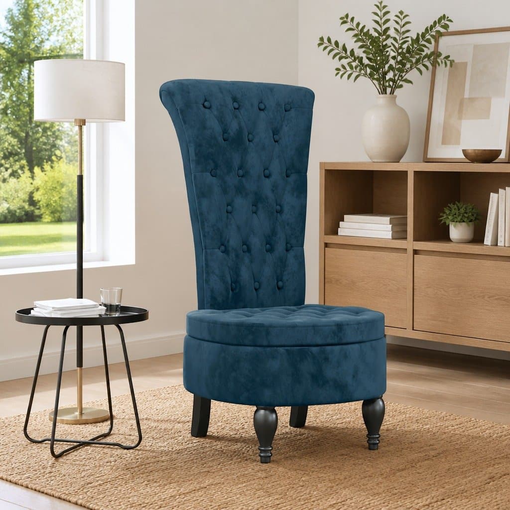High Back Blue Velvet Armchair with Padded Seat