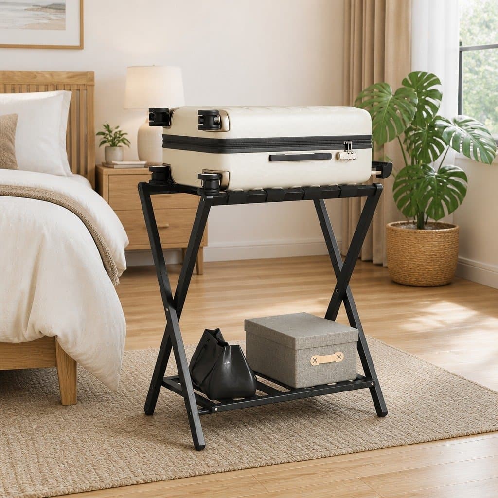 Black Bamboo Luggage Rack with Two Shelves for Suitcases