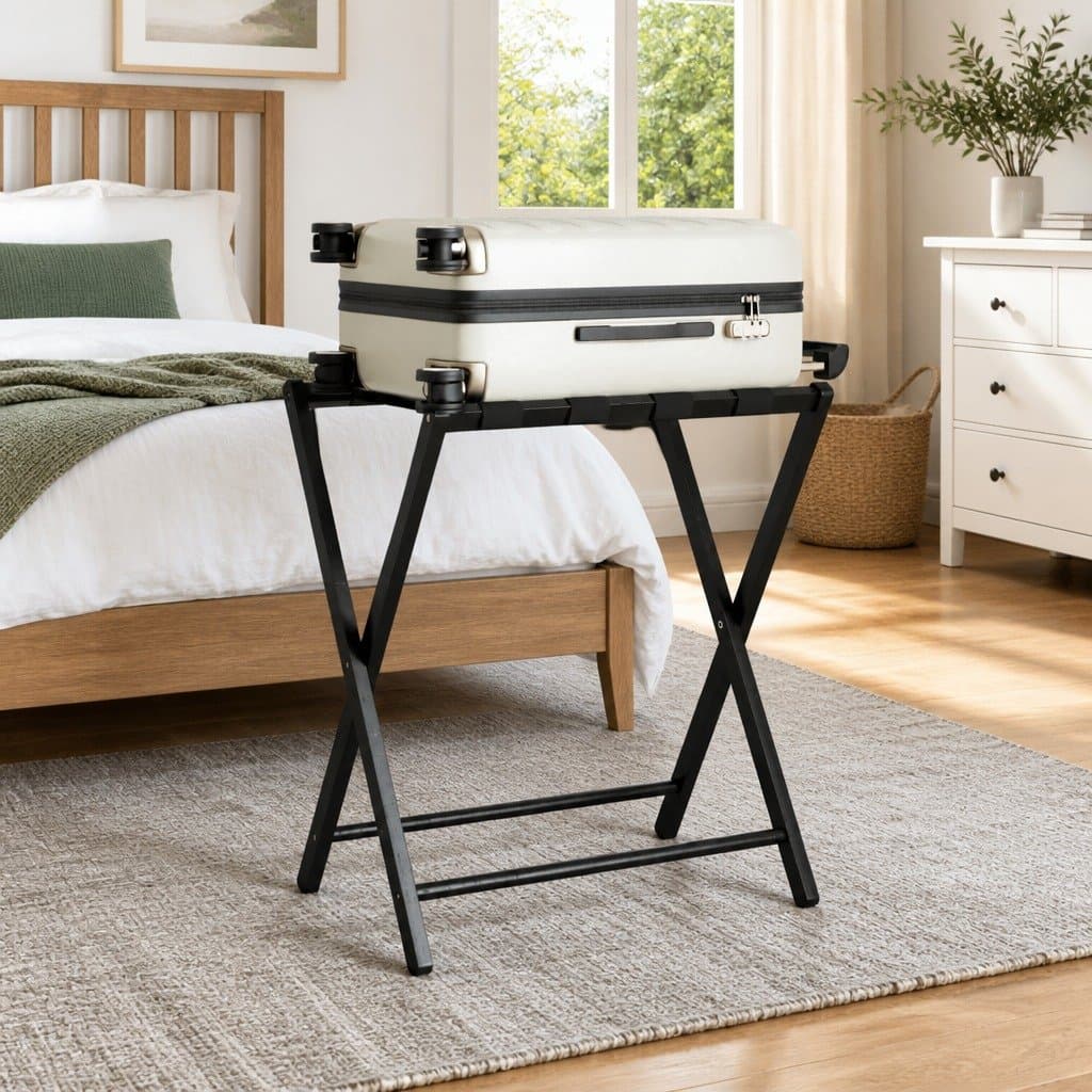 Black Bamboo Luggage Rack for Suitcase Storage