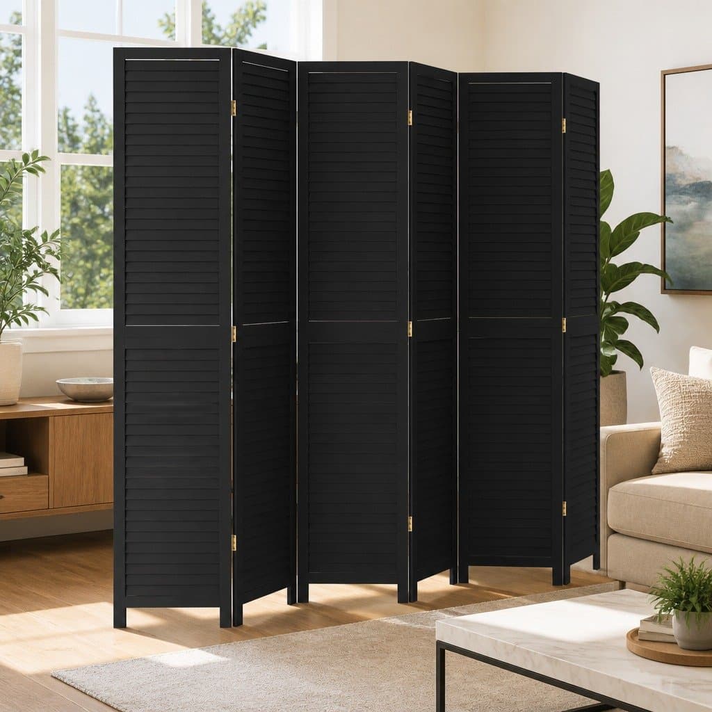 Black Solid Wood Room Divider with 6 Folding Panels
