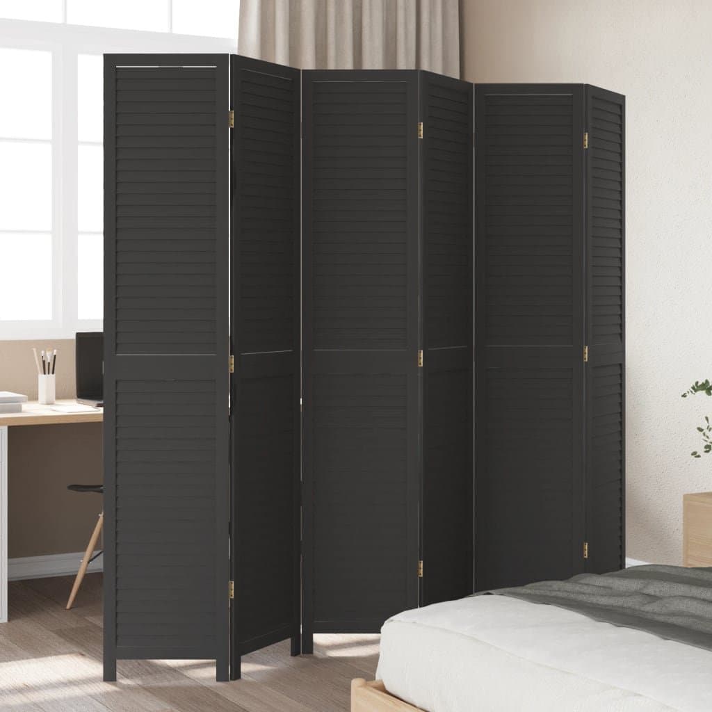 Black Solid Wood Room Divider with 6 Folding Panels