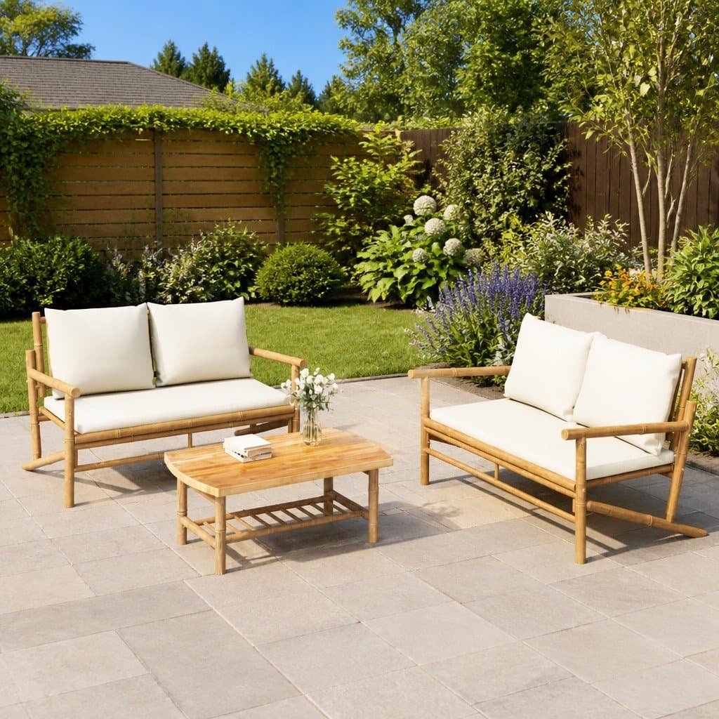 Bamboo Frame Outdoor Garden Bench with Cream Cushions