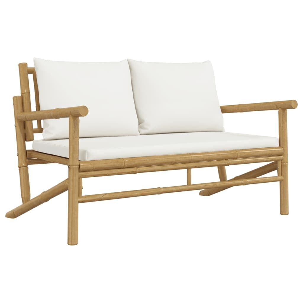 Bamboo Frame Outdoor Garden Bench with Cream Cushions