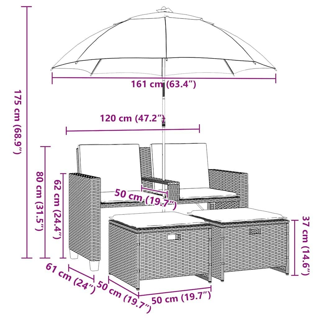2-Seater Garden Sofa Set with Parasol and Footstools