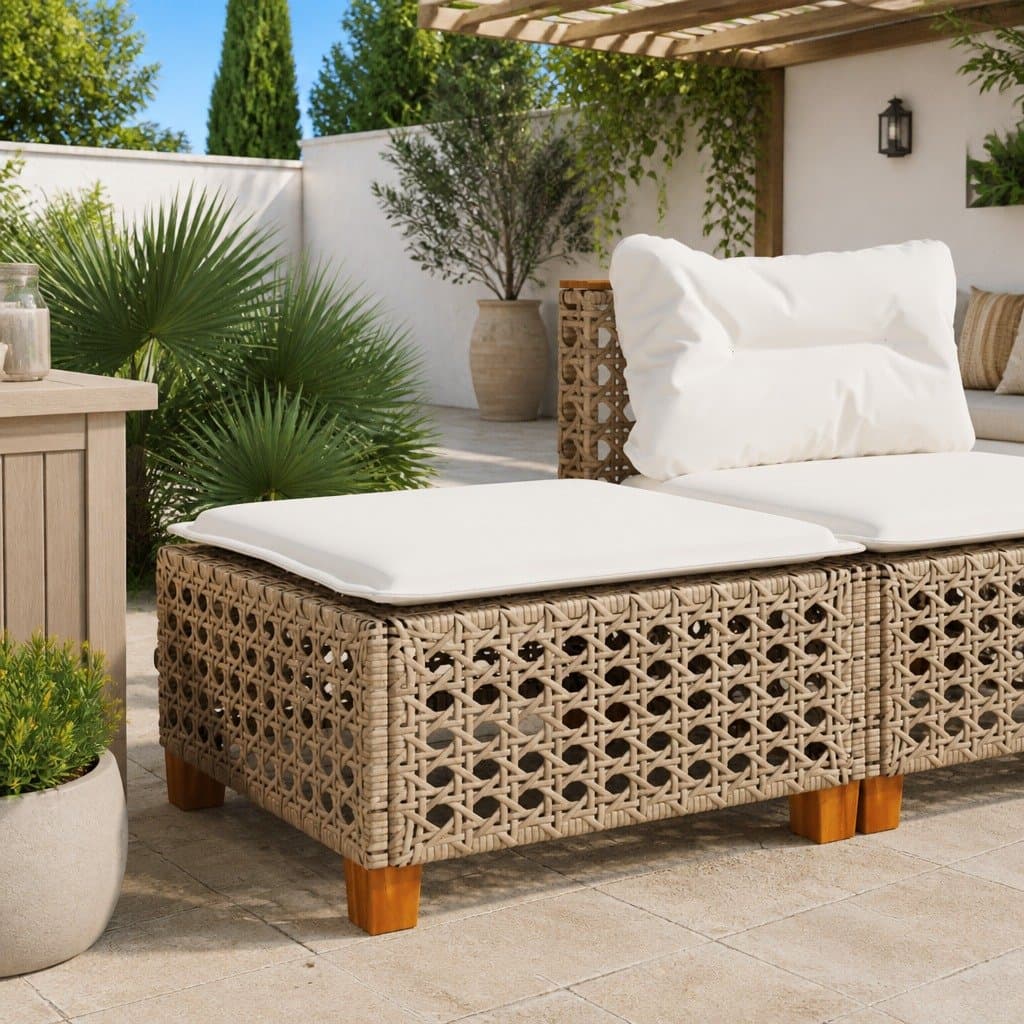 Garden Stool with Beige Cushion and Rattan Frame