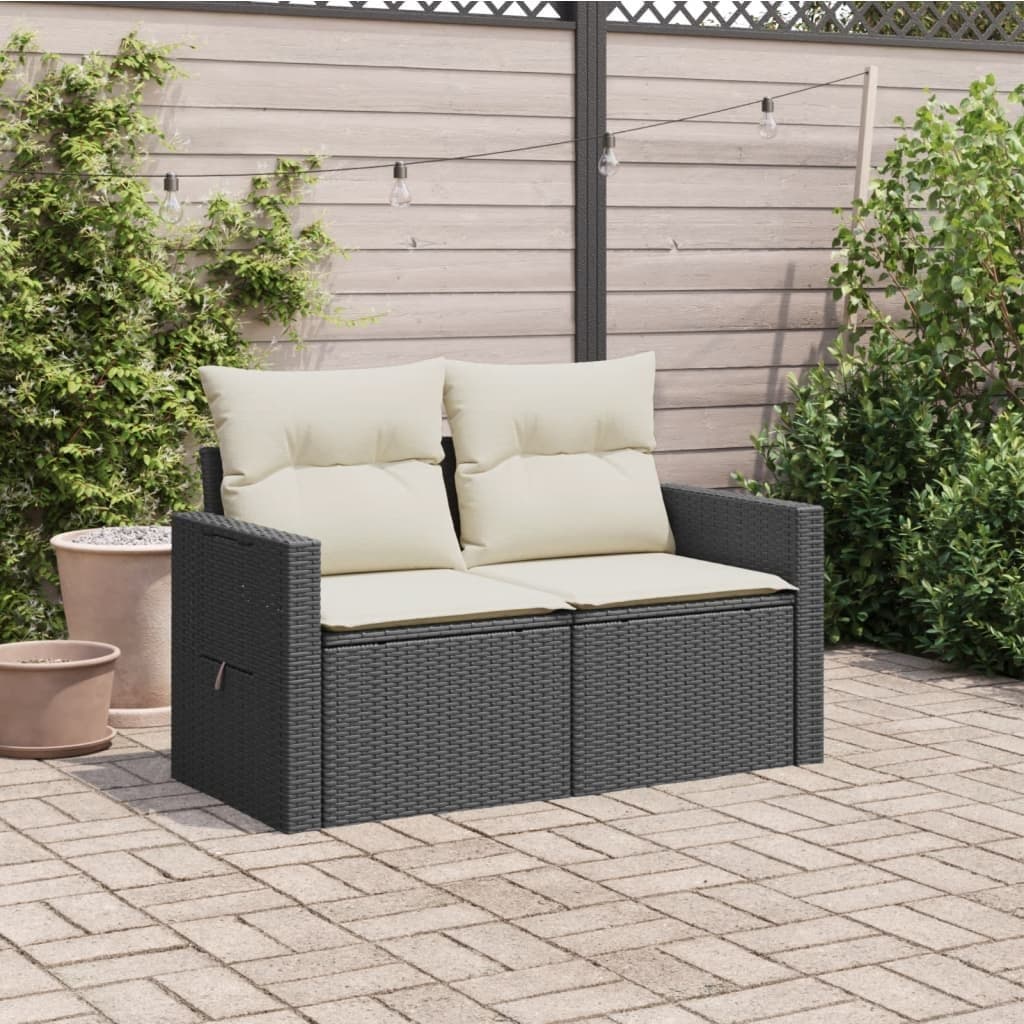 2-Seater Garden Sofa Outdoor Lounge Chair with Cushions Black Poly Rattan