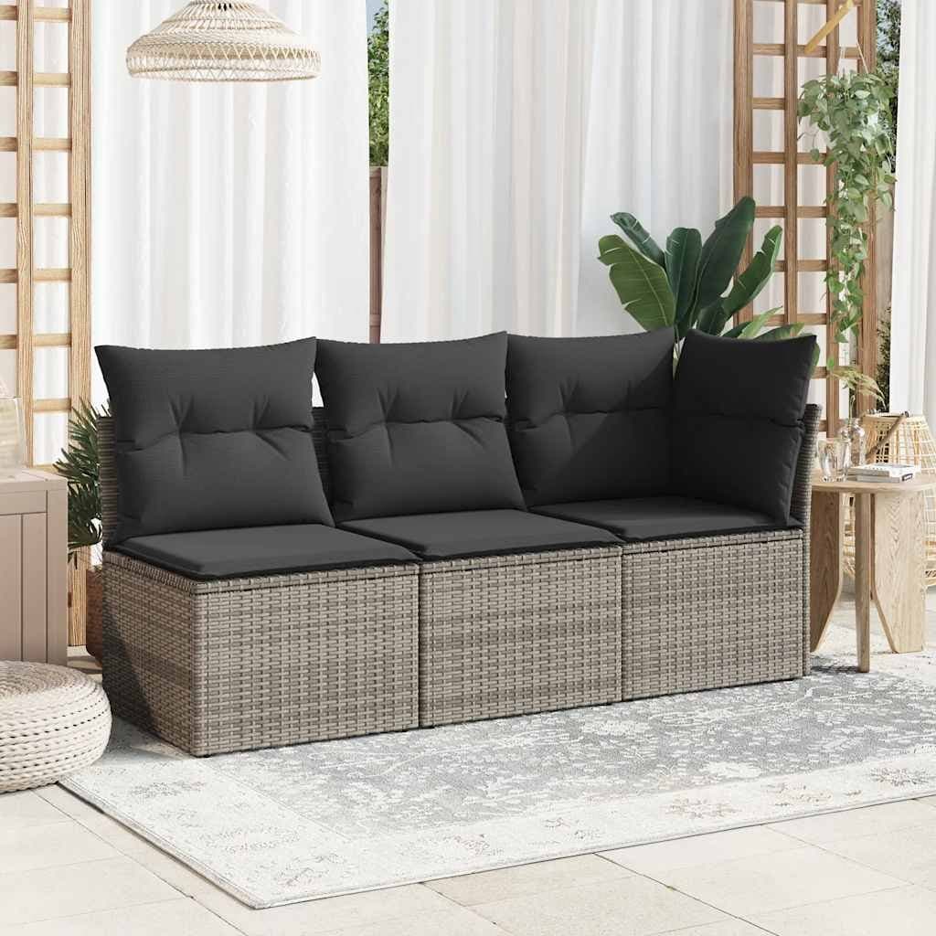 Grey Poly Rattan 3-Seater Outdoor Garden Sofa with Cushions
