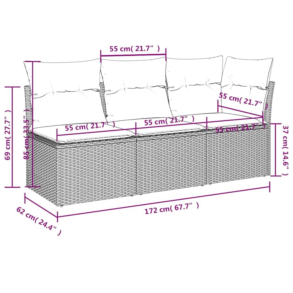 Grey Poly Rattan 3-Seater Outdoor Garden Sofa with Cushions