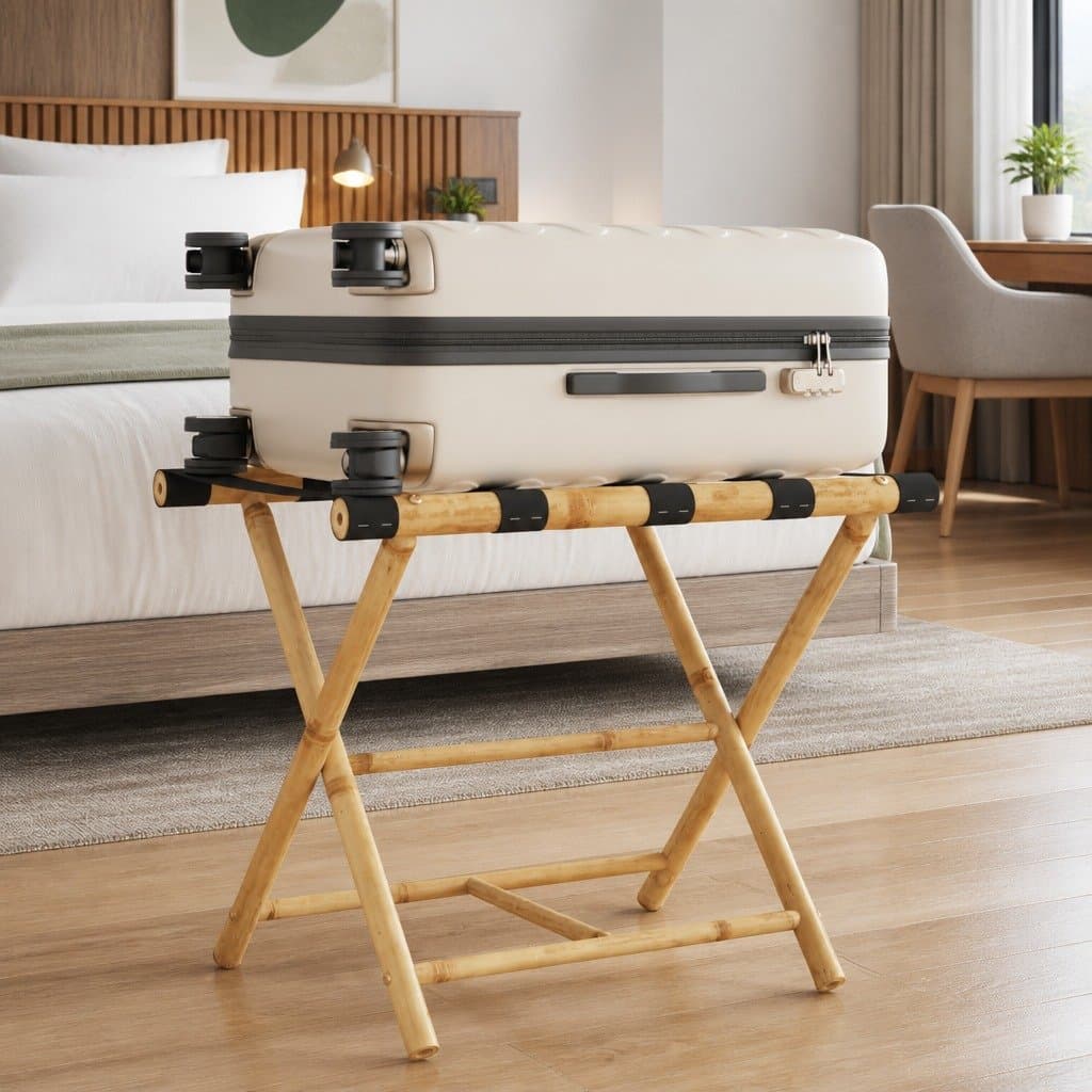 Bamboo Folding Luggage Rack with Two Shelves