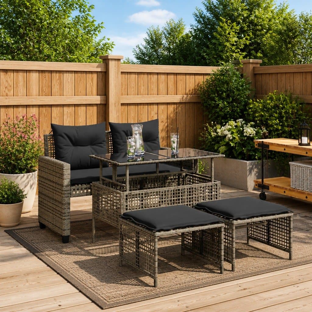 4-Piece Grey Poly Rattan Sofa Set with Glass Table