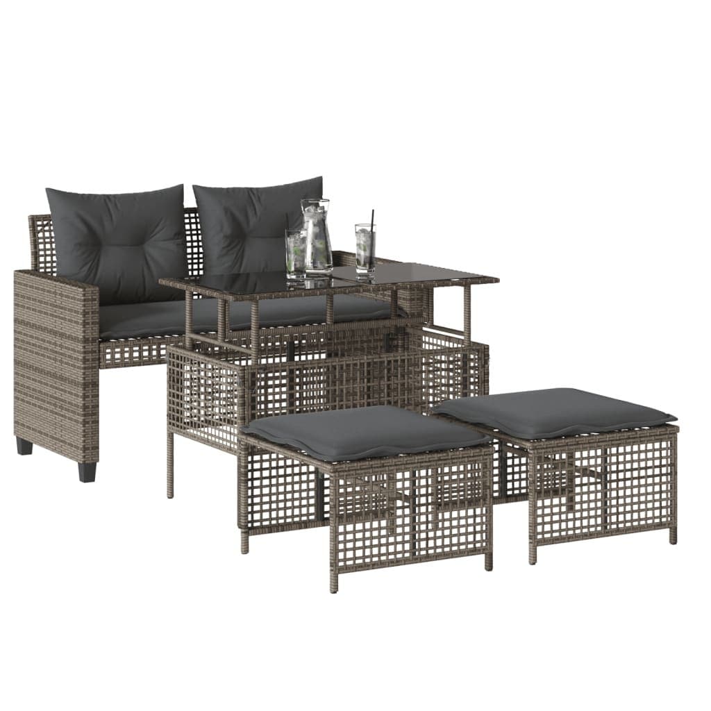 4-Piece Grey Poly Rattan Sofa Set with Glass Table