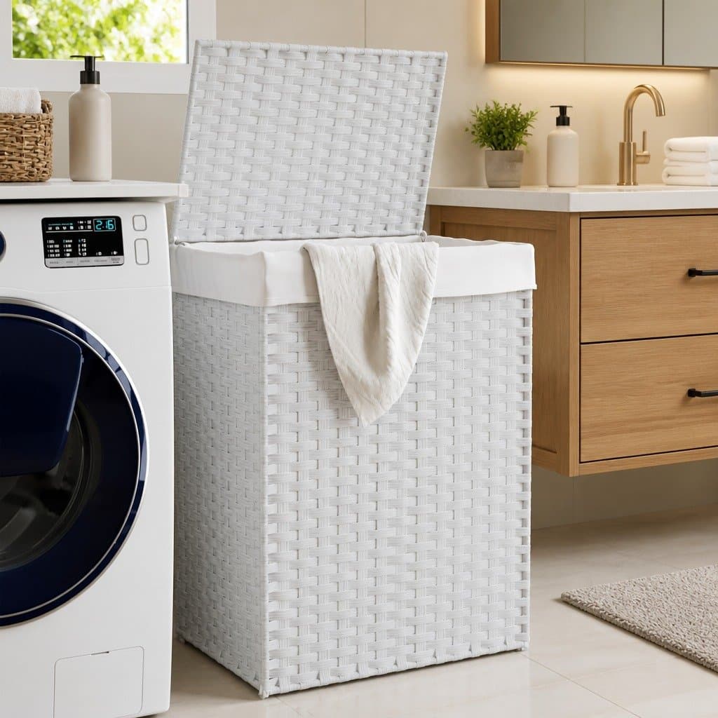 White Poly Rattan Laundry Basket with Lid