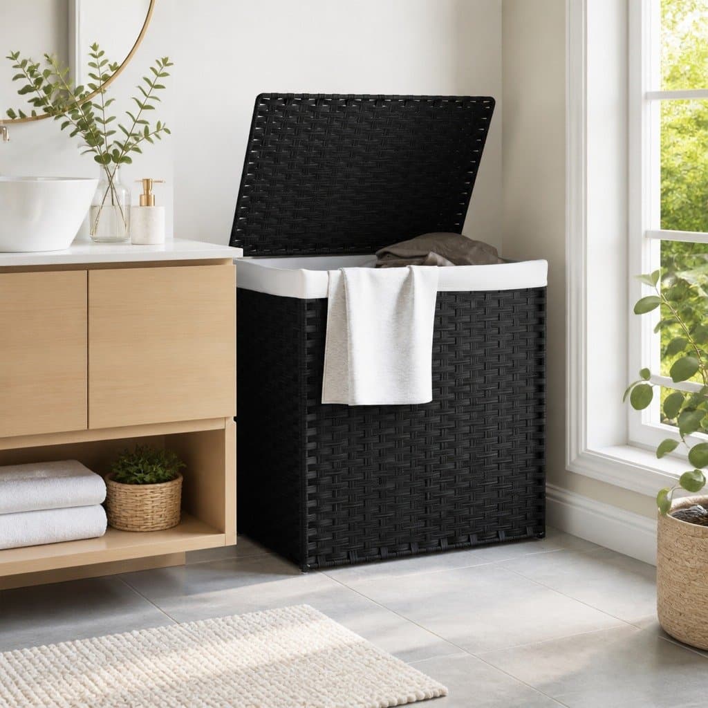 Laundry Basket with 2 Sections Foldable Poly Rattan Hamper Lid Removable Bag