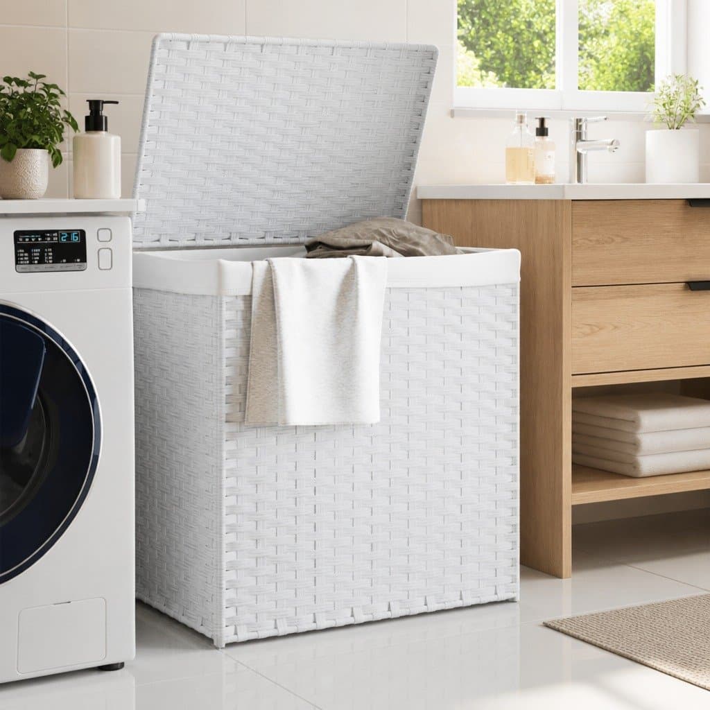 White Poly Rattan Laundry Basket with 2 Compartments