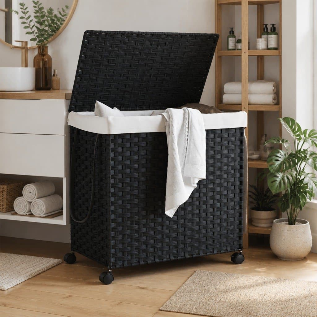 Black Rattan Laundry Basket on Wheels with 3 Compartments