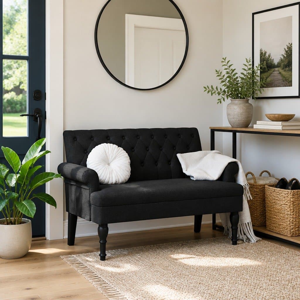 Black Fabric Bench with Backrest and Armrests