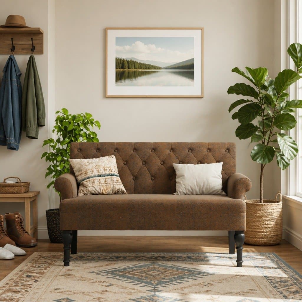 Brown Faux Suede Leather Bench with Backrest