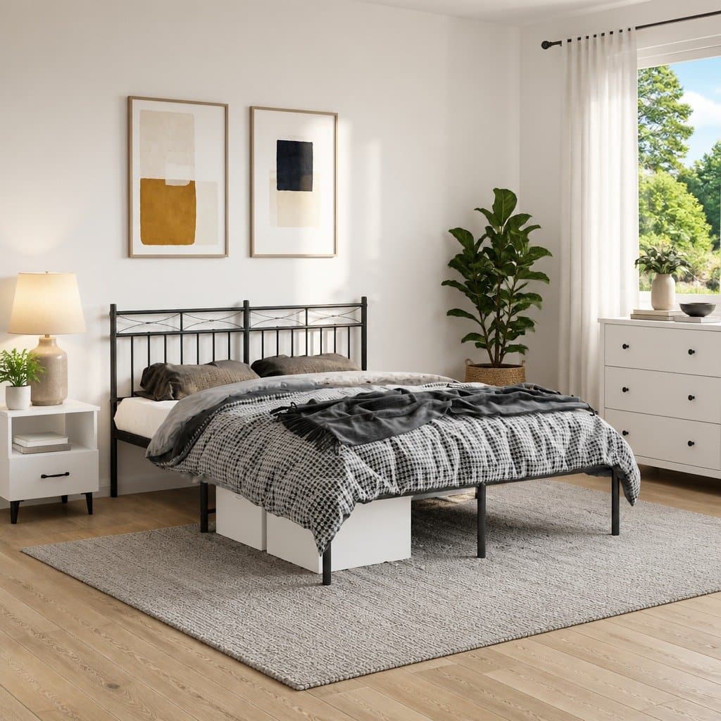 Metal Bed Frame 150x200 cm with Headboard in Black