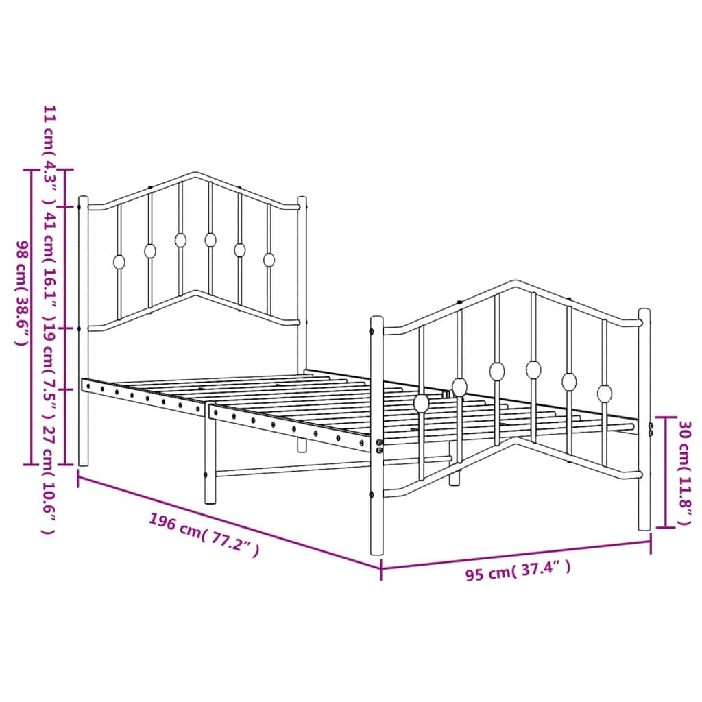 Metal Bed Frame 90x190 cm with Headboard & Footboard