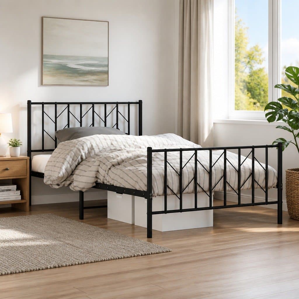 Black King Single Metal Bed Frame with Footboard