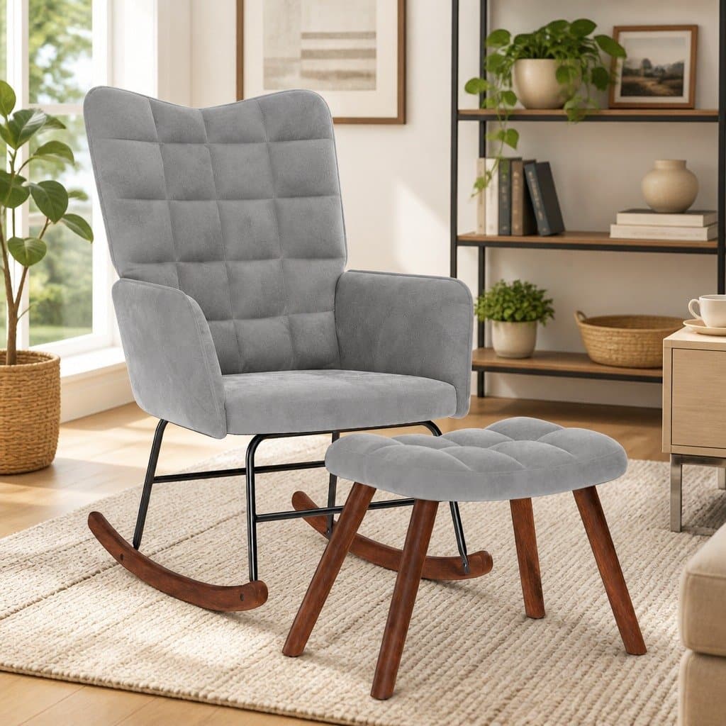 Grey Velvet Rocking Chair with Footstool