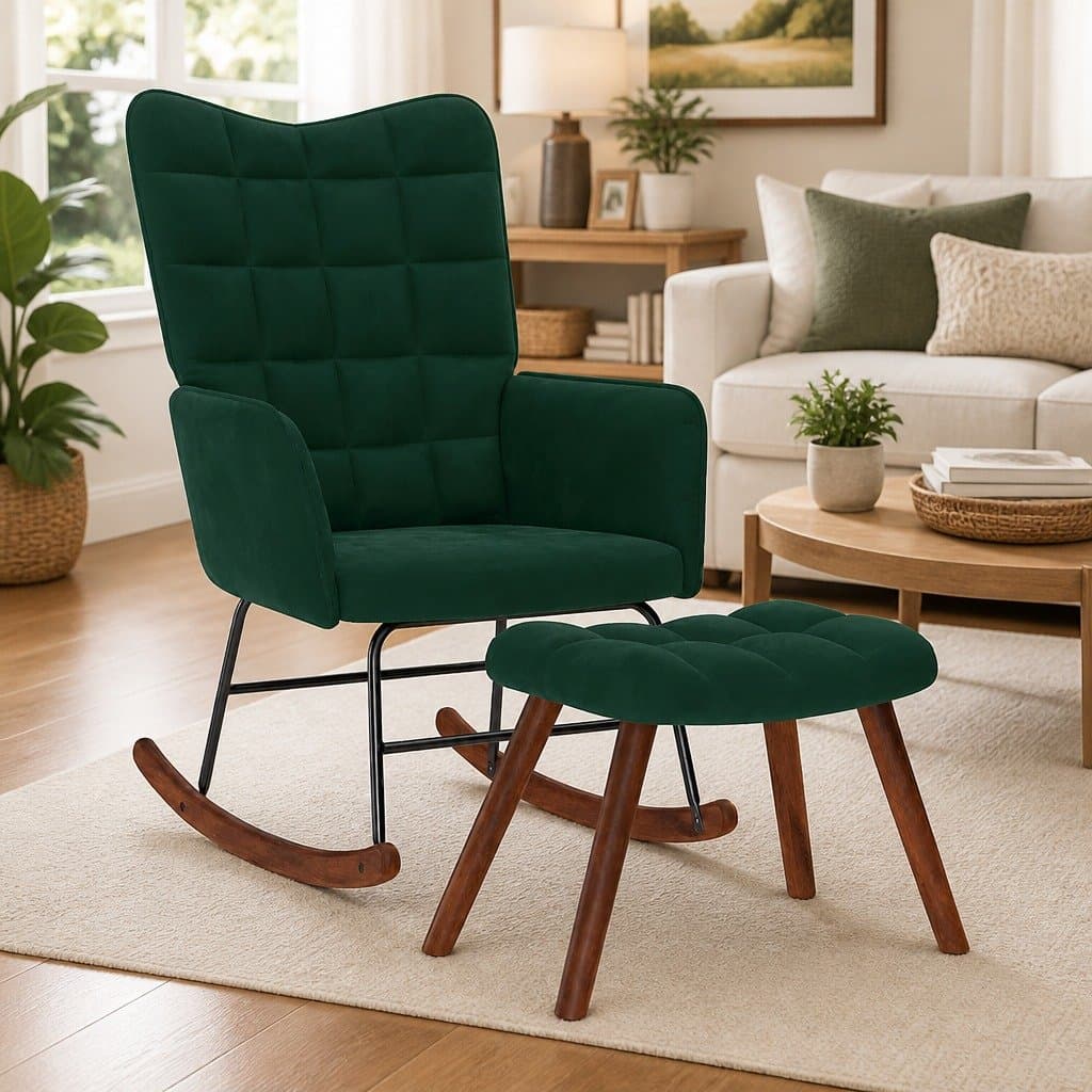 Green Velvet Rocking Chair with Footstool