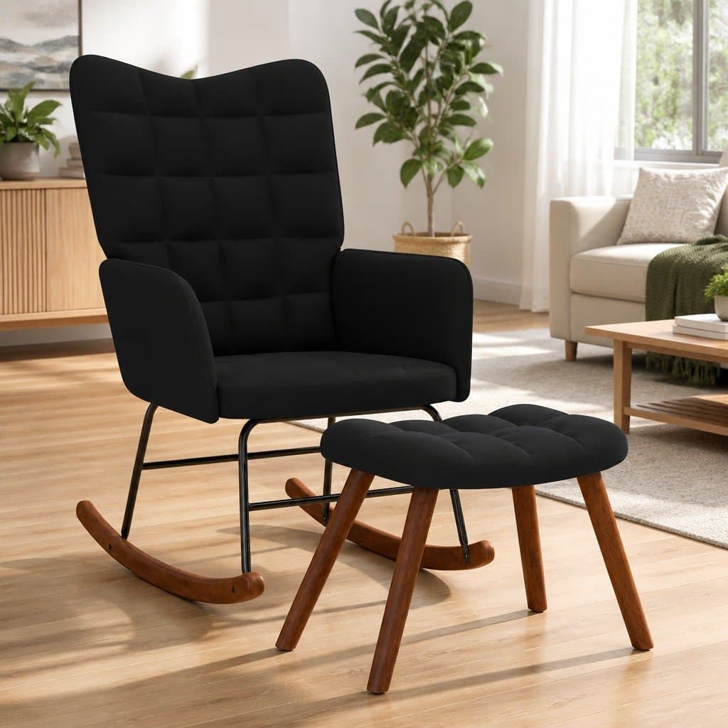 Black Velvet Rocking Chair with Footstool