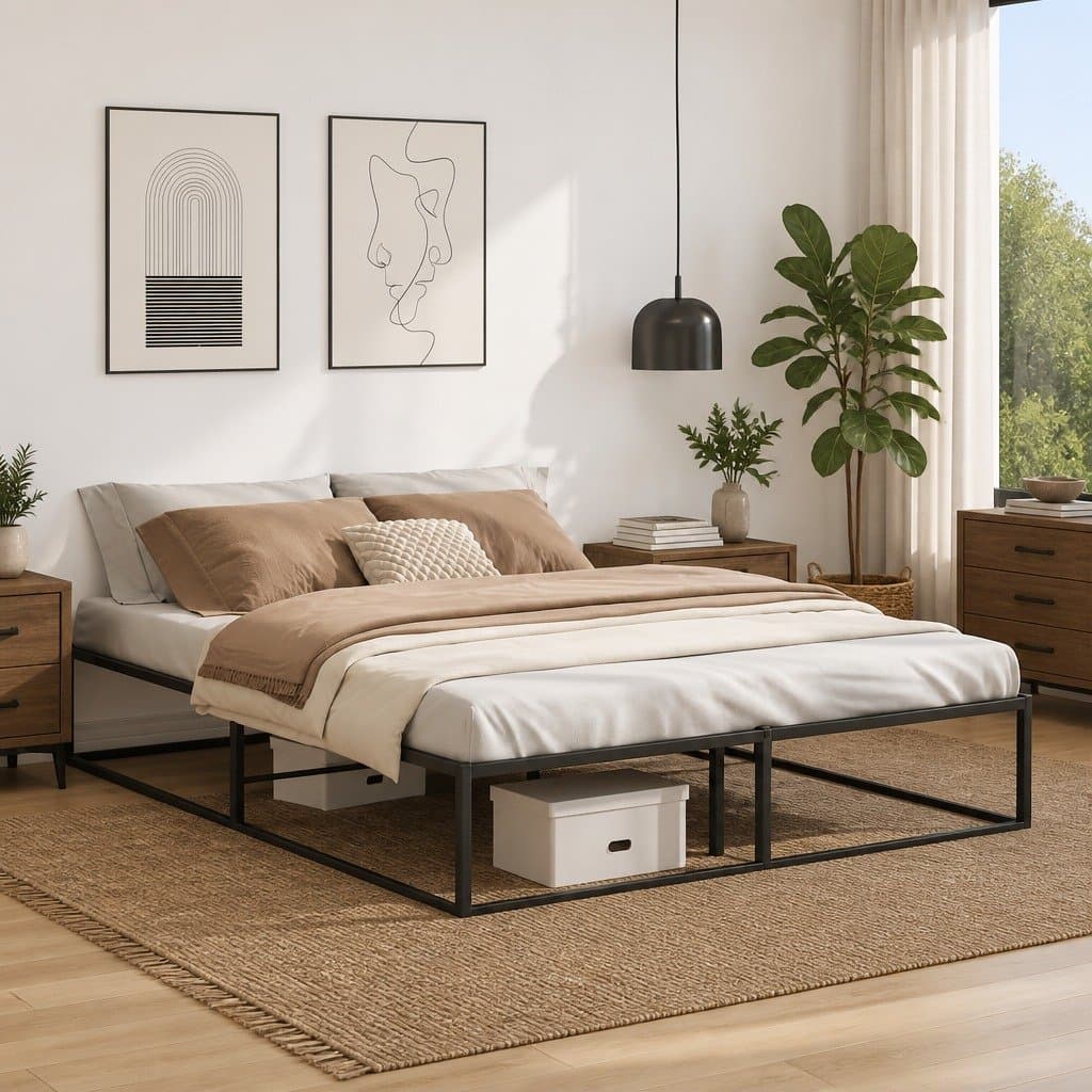 Queen Metal Bed Frame 153x203 cm Black Slatted Base Storage Space