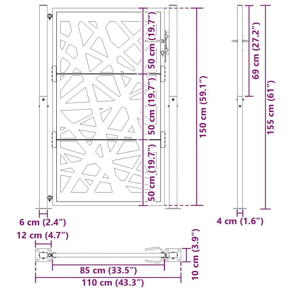 Black Steel Garden Gate 100x150cm with Lock