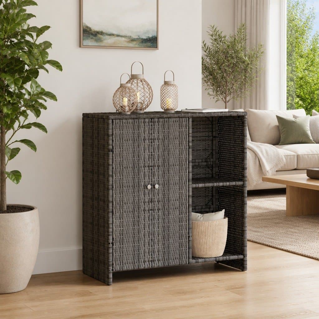 Grey Rattan Storage Cabinet for Living Room