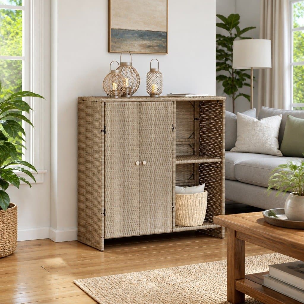 Beige Rattan Storage Cabinet with Shelf for Living Spaces