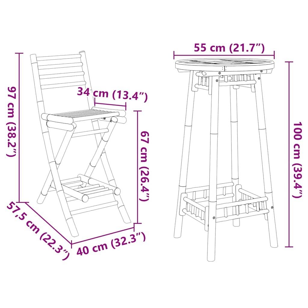 Outdoor Bar Set 3 Piece Foldable Bamboo Garden Patio Furniture Brown